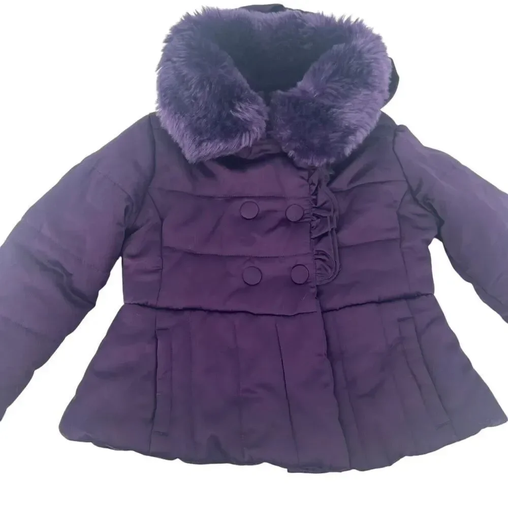 Rothschild Winter Coat Girls Purple Faux Fur Hooded Peplum Puffer Ruffle Size S